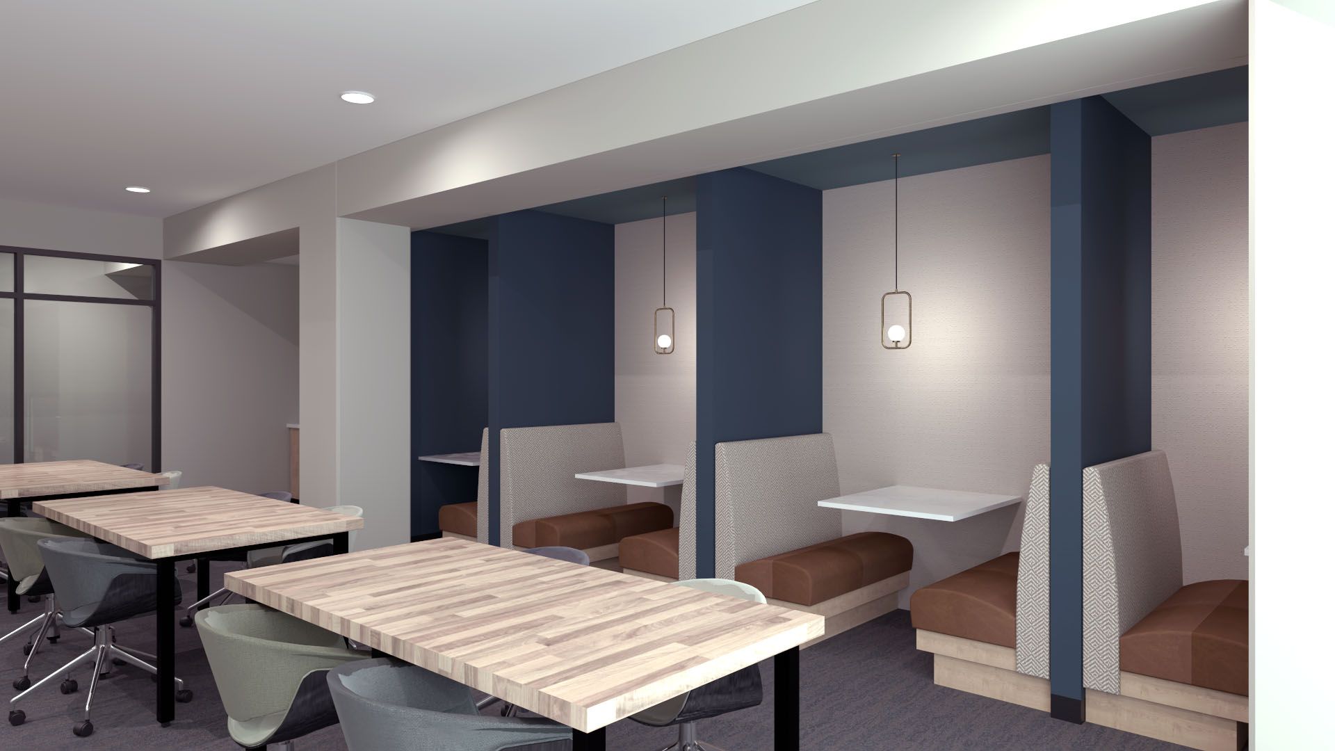 The meridian co-working space with individual booths and communal seating area in the middle