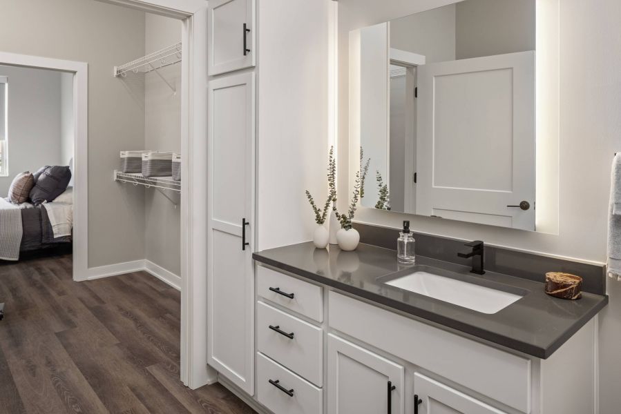 The Meridian apartments bathroom with granite countertops and large sink