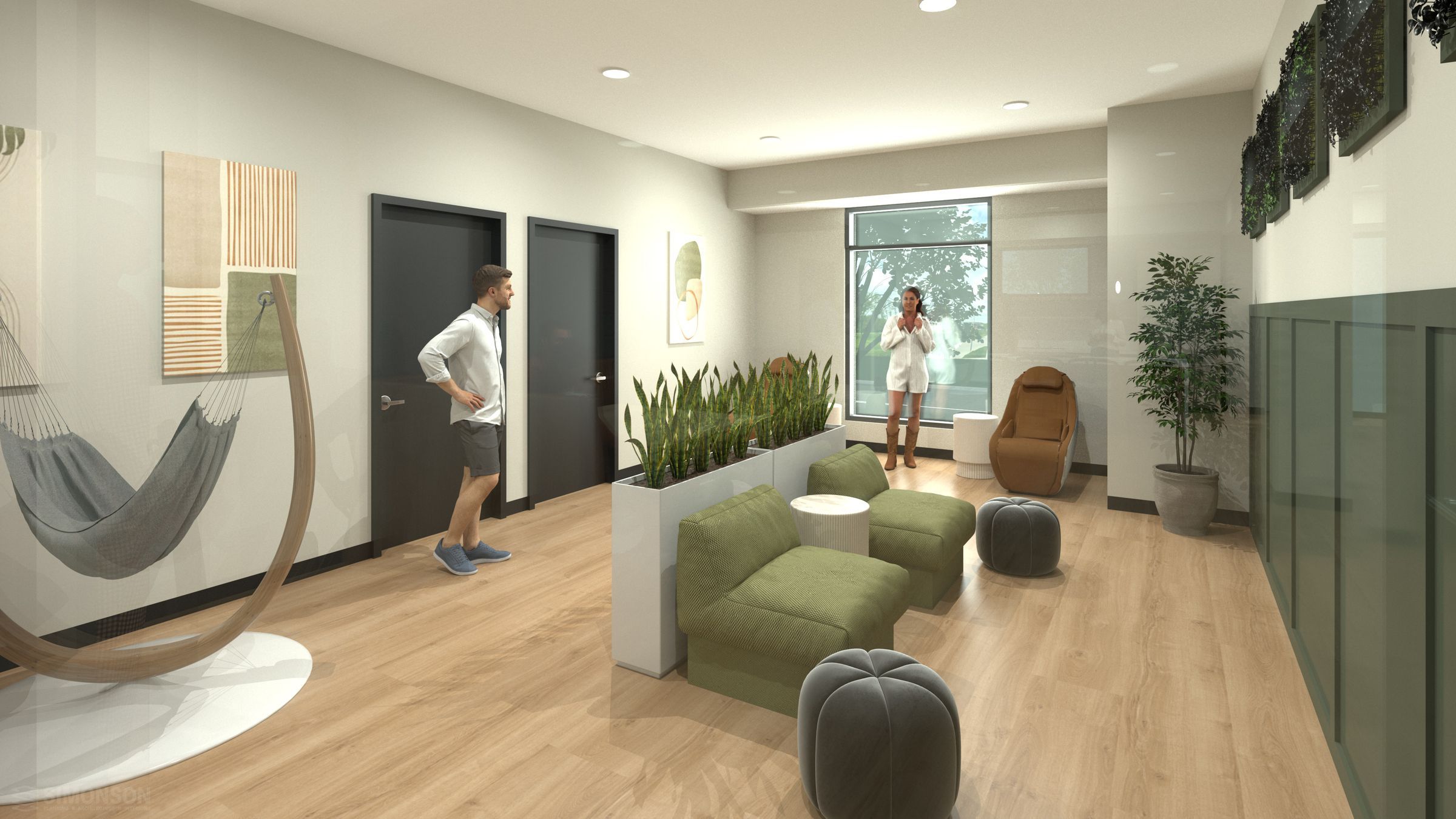 The meridian apartment rendering of relaxation space showing a room with couches and plans