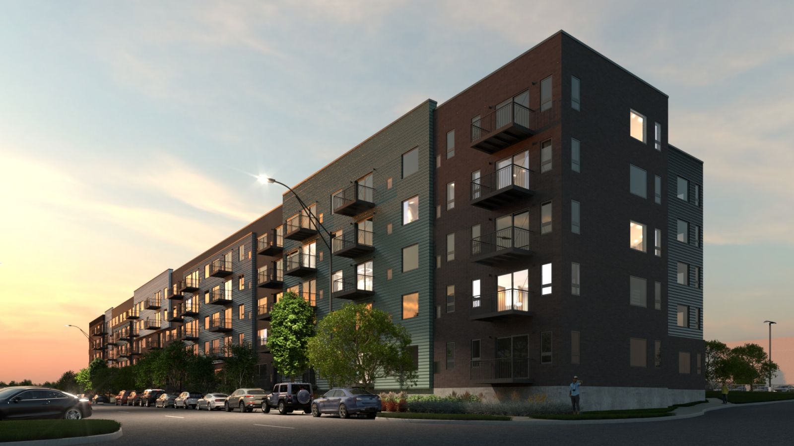 Meridian apartments exterior rendering at dusk 