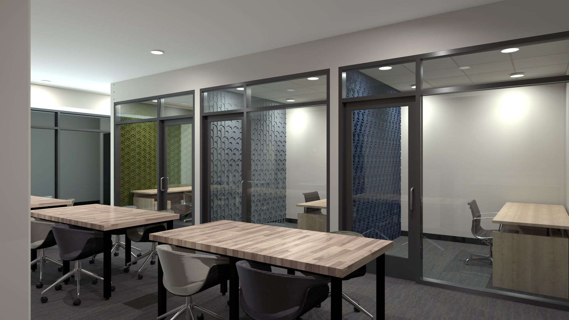 Co-working area at the meridian showing private office spaces