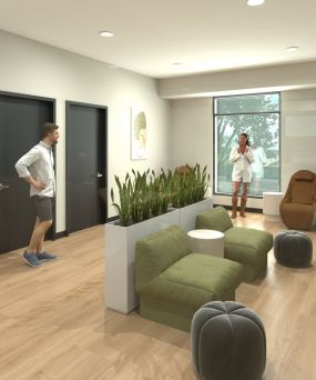 The meridian apartment rendering of relaxation space showing a room with couches and plans