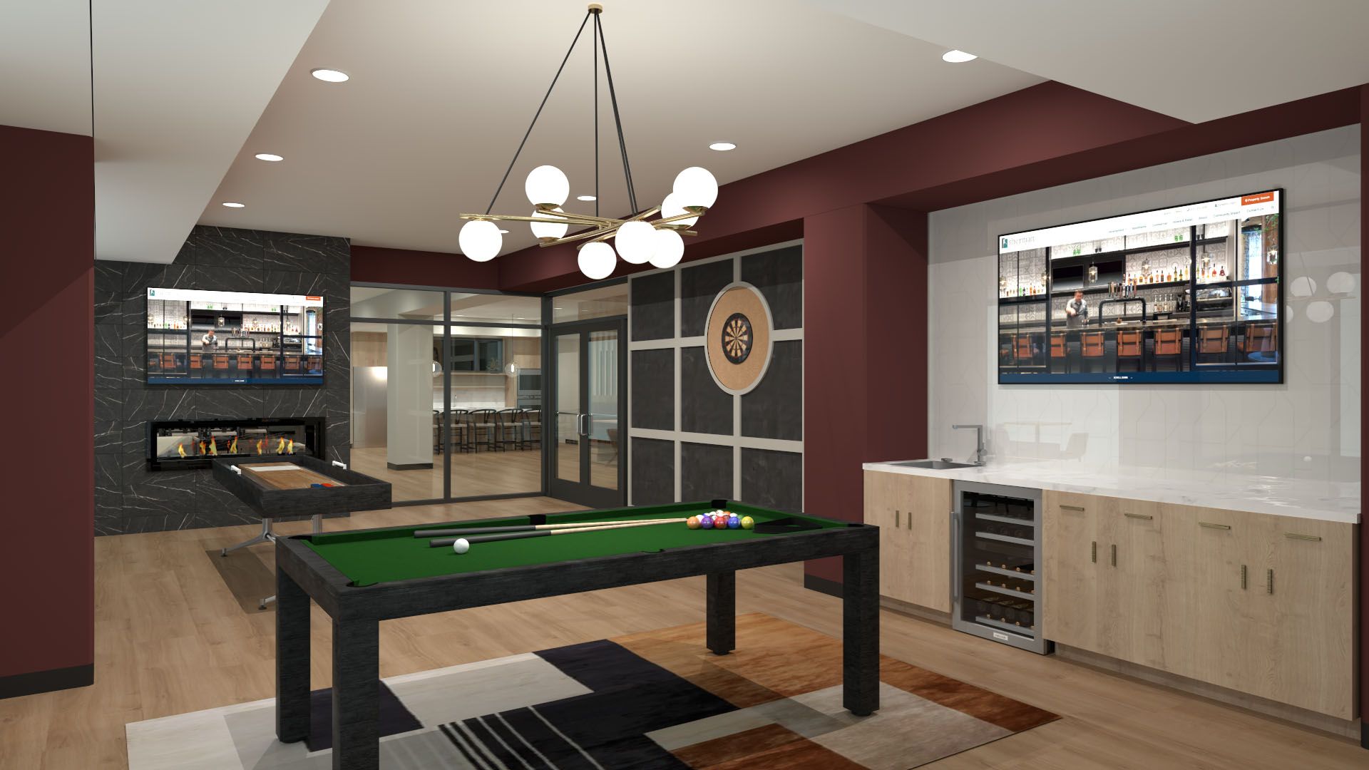 Meridian game hall room rendering with pool table and darts board on the wall